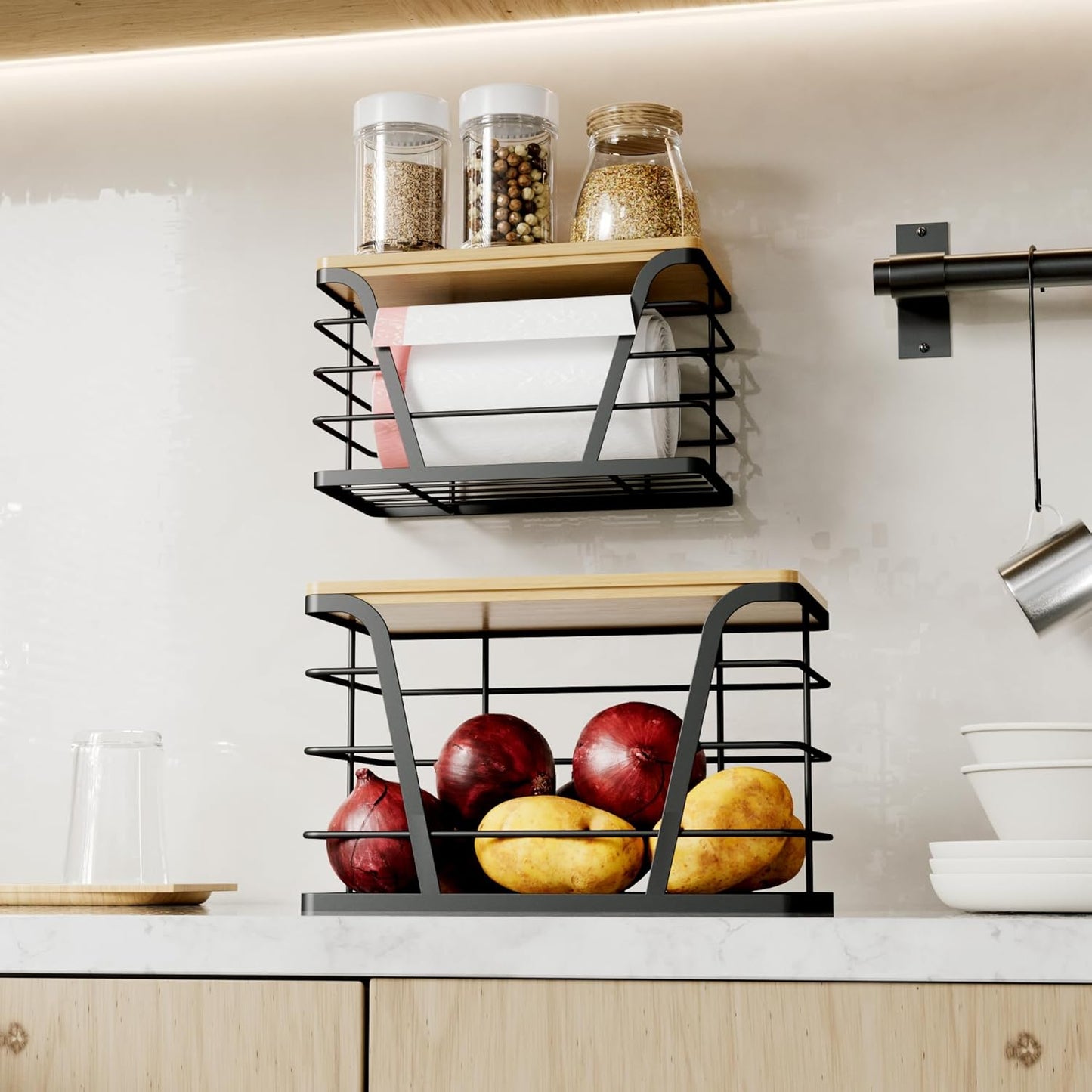 Stackable Storage Organizers: 2-Pack Laundry/Kitchen, Wall-Mount Trash Bag Holder with Bamboo Top & Dispenser