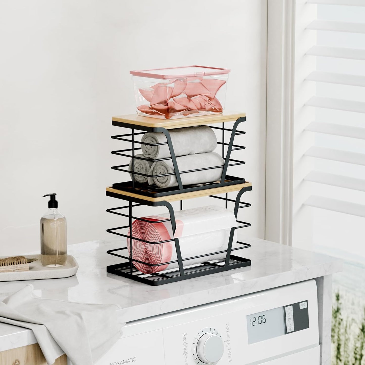 Stackable Storage Organizers: 2-Pack Laundry/Kitchen, Wall-Mount Trash Bag Holder with Bamboo Top & Dispenser