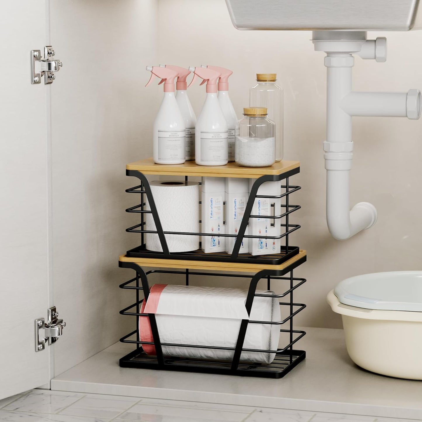 Stackable Storage Organizers: 2-Pack Laundry/Kitchen, Wall-Mount Trash Bag Holder with Bamboo Top & Dispenser