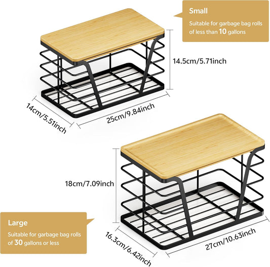 Stackable Storage Organizers: 2-Pack Laundry/Kitchen, Wall-Mount Trash Bag Holder with Bamboo Top & Dispenser