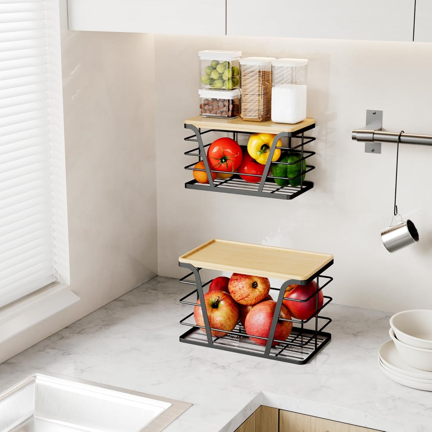 Stackable Storage Organizers: 2-Pack Laundry/Kitchen, Wall-Mount Trash Bag Holder with Bamboo Top & Dispenser