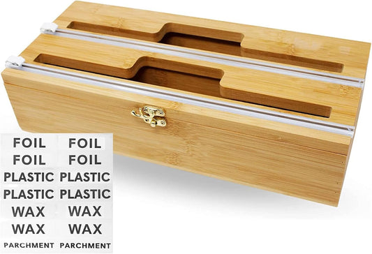 Premium Bamboo Foil & Plastic Wrap Dispenser | Includes Cutter | Organizes Foil, Wax Paper, & More | Sleek Design