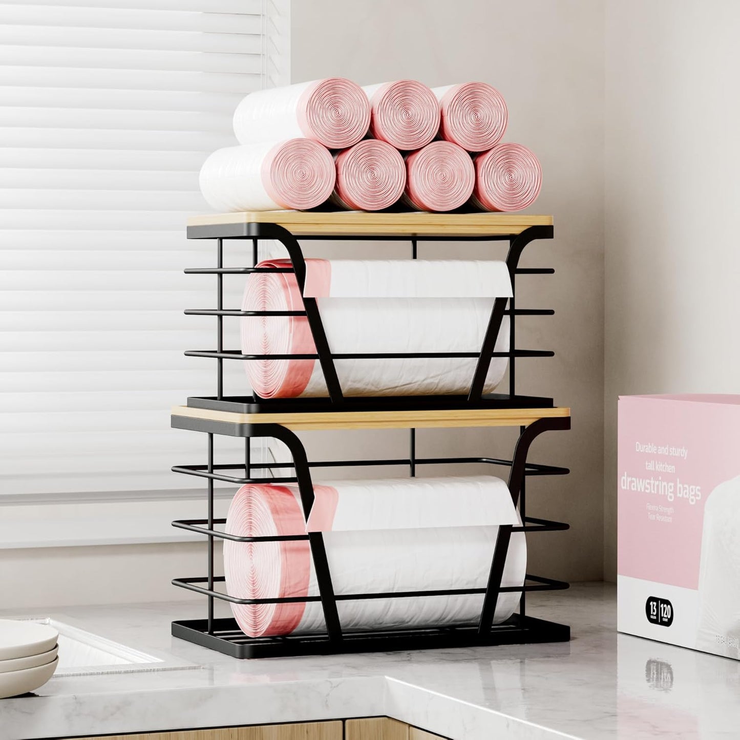 Stackable Storage Organizers: 2-Pack Laundry/Kitchen, Wall-Mount Trash Bag Holder with Bamboo Top & Dispenser