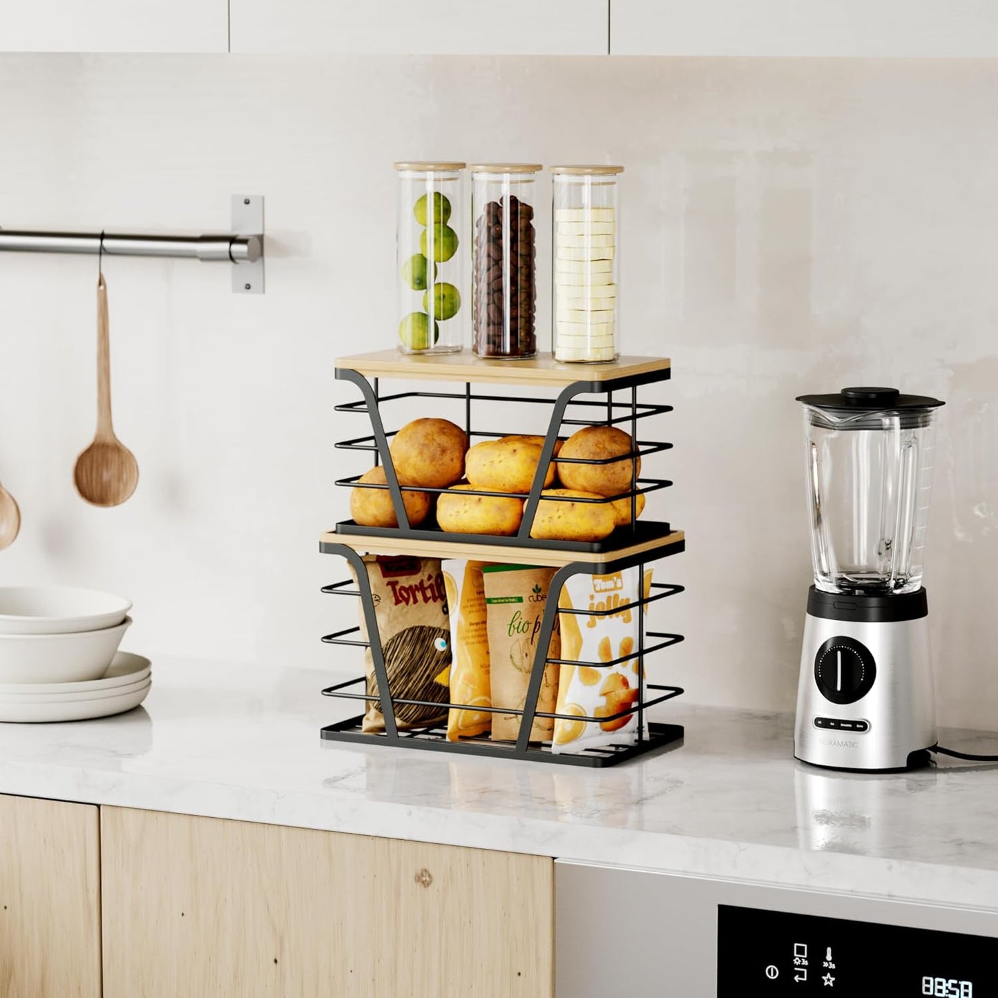 Stackable Storage Organizers: 2-Pack Laundry/Kitchen, Wall-Mount Trash Bag Holder with Bamboo Top & Dispenser