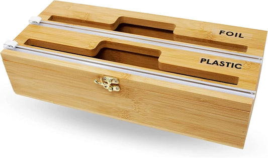 Premium Bamboo Foil & Plastic Wrap Dispenser | Includes Cutter | Organizes Foil, Wax Paper, & More | Sleek Design