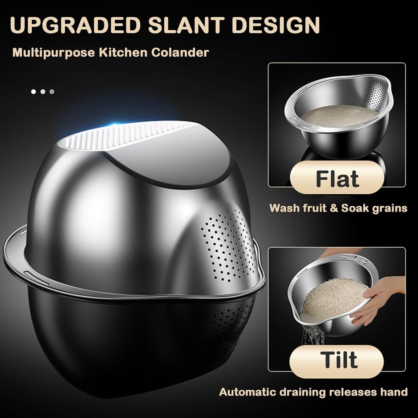 Stainless Steel Rice Washer Strainer with Side Drain – For Quinoa, Fruits, Veggies, Beans