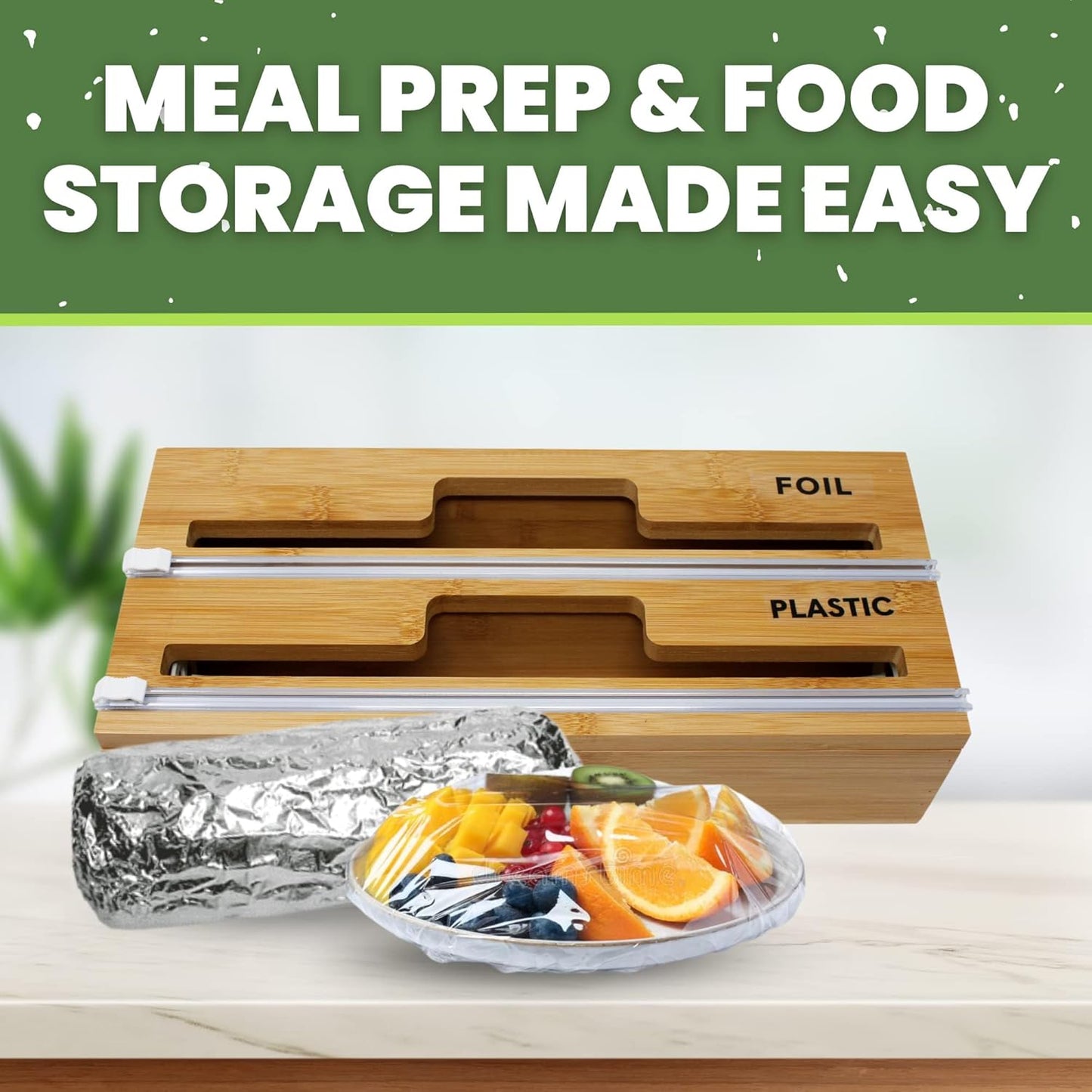 Premium Bamboo Foil & Plastic Wrap Dispenser | Includes Cutter | Organizes Foil, Wax Paper, & More | Sleek Design