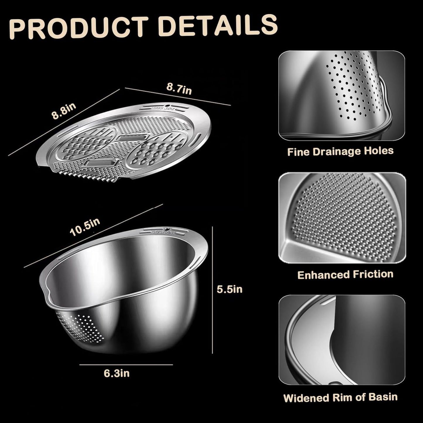 Stainless Steel Rice Washer Strainer with Side Drain – For Quinoa, Fruits, Veggies, Beans