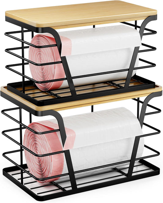 Stackable Storage Organizers: 2-Pack Laundry/Kitchen, Wall-Mount Trash Bag Holder with Bamboo Top & Dispenser
