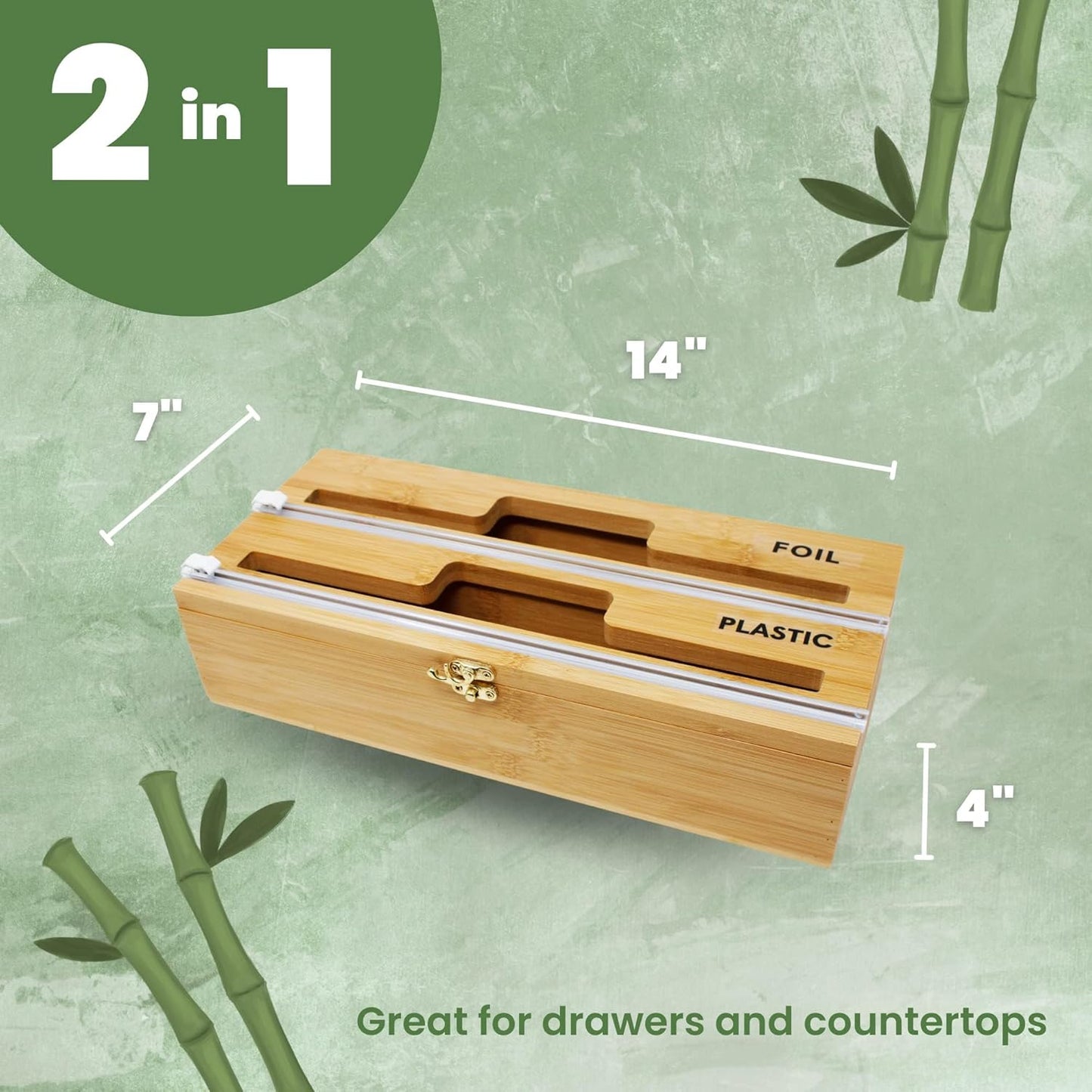 Premium Bamboo Foil & Plastic Wrap Dispenser | Includes Cutter | Organizes Foil, Wax Paper, & More | Sleek Design