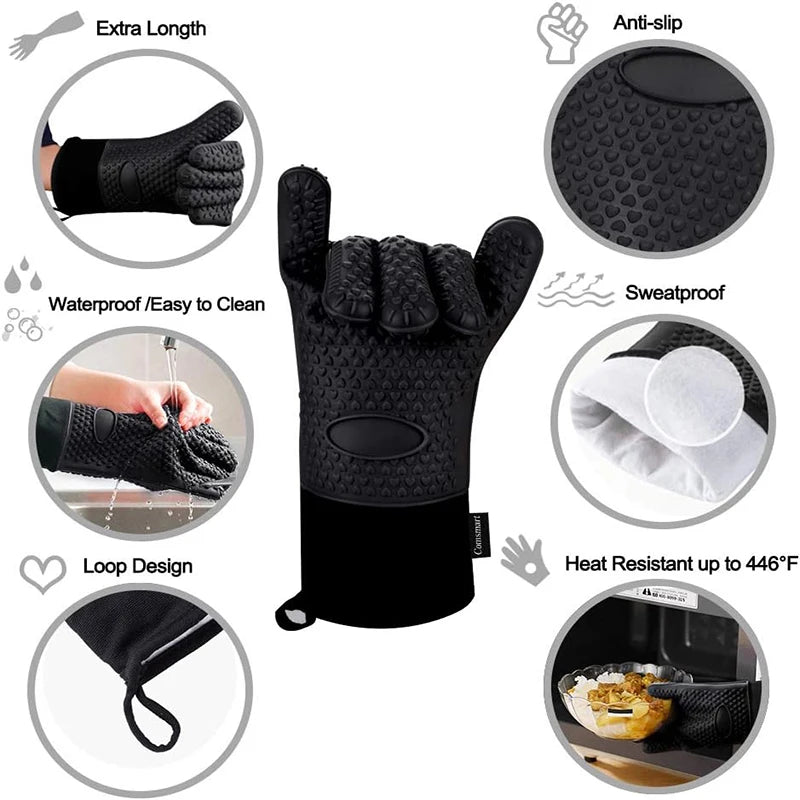 Silicone Oven Gloves Heat Resistant Long Silicone Oven Mitts Nonslip Oven Gloves BBQ Gloves Kitchen Baking Tool Baking Mitts