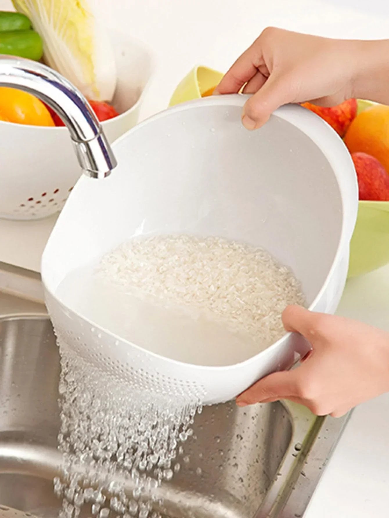 2-In-1 Rice Strainer, Beans Washer Strainers and Colanders - Washing Bowl for Vegetables and Fruits Kitchen Supplies